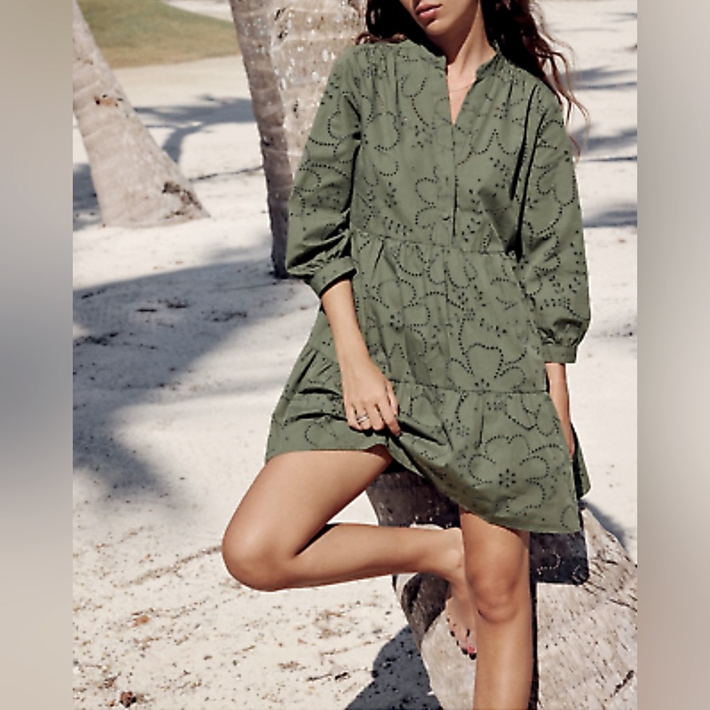 ZARA NWOT Mini Dress W/ Cutwork Embroidery Button-Up Front Dark Olive